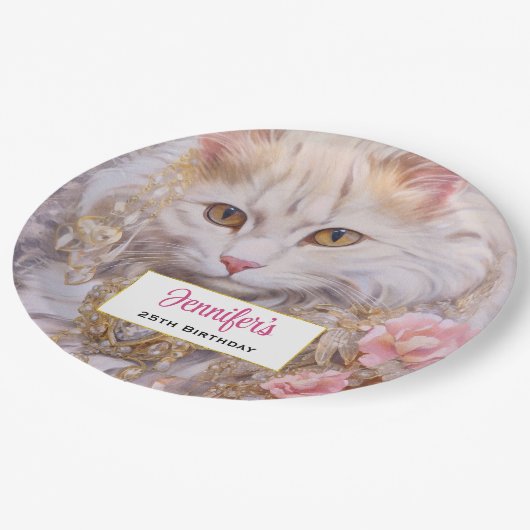 Elegante witte kat in goud en diamanten verjaardag papieren bordje (Gekanteld)