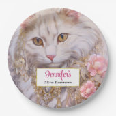 Elegante witte kat in goud en diamanten verjaardag papieren bordje (Voorkant)