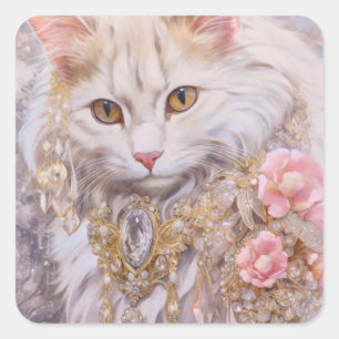 Elegante witte kat in goud en diamanten vierkante sticker