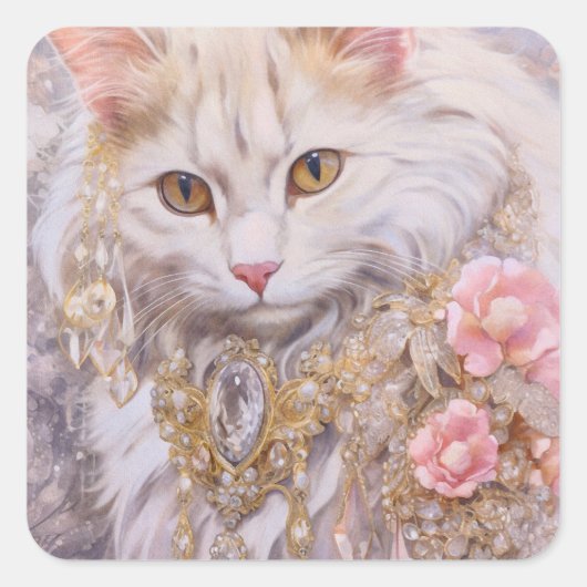 Elegante witte kat in goud en diamanten vierkante sticker (Voorkant)