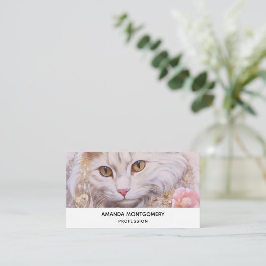 Elegante witte kat in goud en diamanten visitekaartje (Staand voorkant)