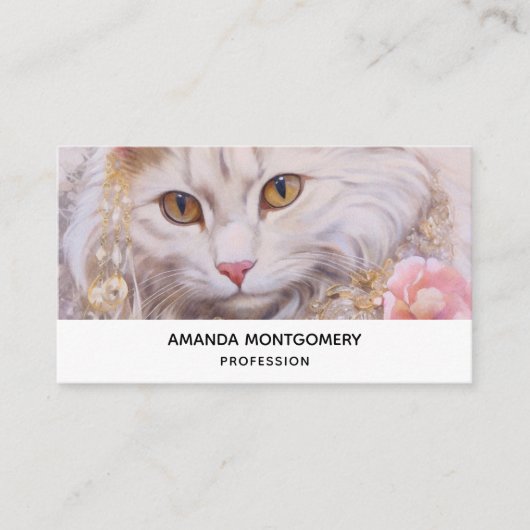 Elegante witte kat in goud en diamanten visitekaartje (Voorkant)