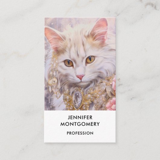 Elegante witte kat in goud en diamanten visitekaartje (Voorkant)