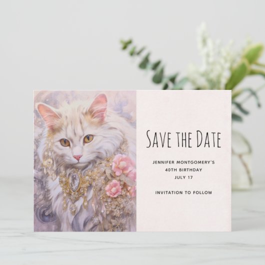 Elegante witte kat in gouden en diamanten juwelen save the date (Staand voorkant)