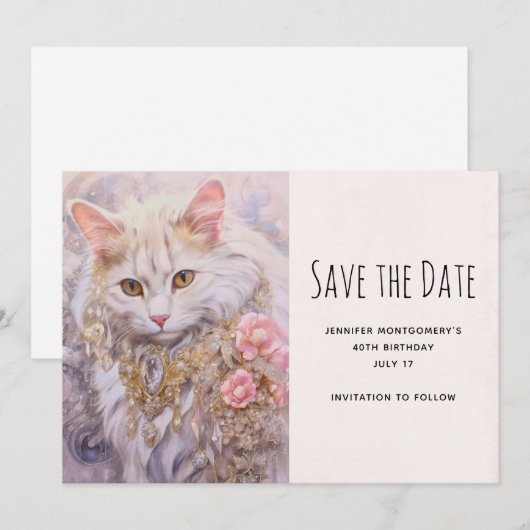 Elegante witte kat in gouden en diamanten juwelen save the date (Voorkant / Achterkant)