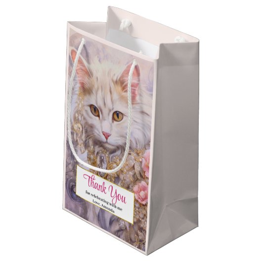 Elegante witte kat in luxe juwelen dank u klein cadeauzakje (Achterkant Gekanteld)