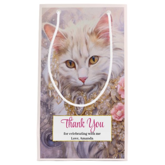 Elegante witte kat in luxe juwelen dank u klein cadeauzakje (Voorkant)