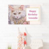 Elegante witte kat in luxe juwelen Gelukkige Verja Spandoek (Insitu)