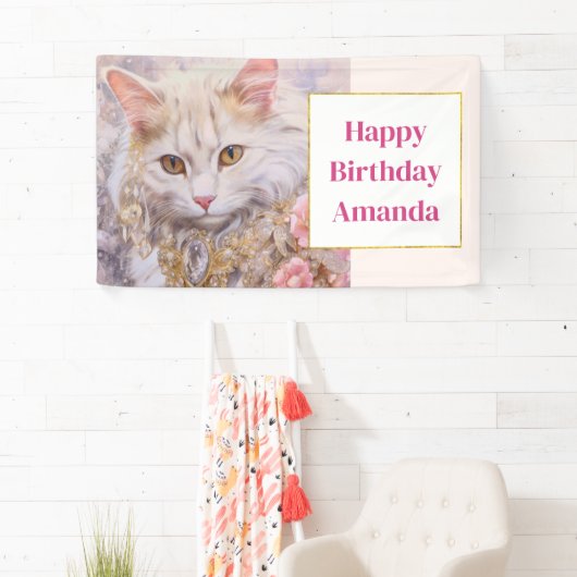 Elegante witte kat in luxe juwelen Gelukkige Verja Spandoek (Insitu)