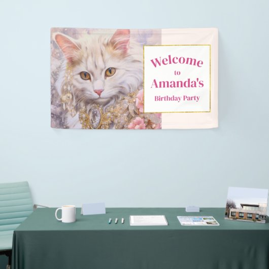 Elegante Witte Kat Luxe Juwelen Verjaardag Welkom Spandoek (Beurs)