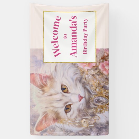 Elegante Witte Kat Luxe Juwelen Verjaardag Welkom Spandoek (Verticaal)