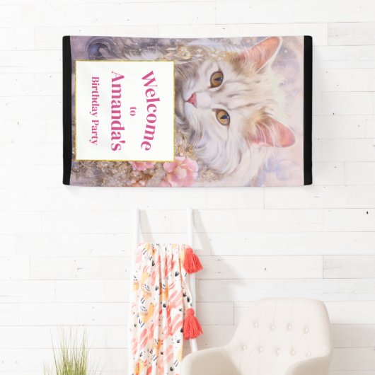 Elegante Witte Kat Luxe Juwelen Verjaardag Welkom Spandoek (Insitu)