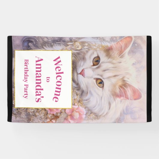 Elegante Witte Kat Luxe Juwelen Verjaardag Welkom Spandoek (Horizontaal)