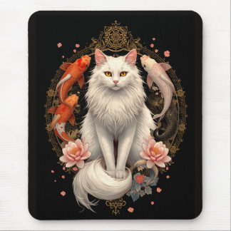Elegante witte kat met Koi-vis Muismat
