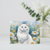 Elegante Witte Kat Waterverf met Daisies Flowers Briefkaart (Staand voorkant)