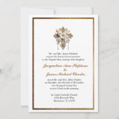 Elegante witte katholieke trouwkaart met gouden ra kaart (Voorkant)