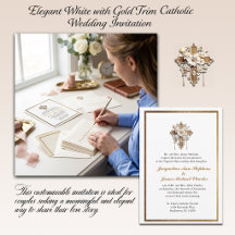 Elegante witte katholieke trouwkaart met gouden ra