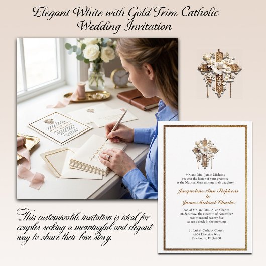 Elegante witte katholieke trouwkaart met gouden ra kaart