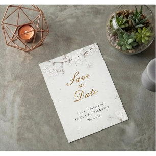 Elegante witte kersenbloesem & gouden schrift save the date