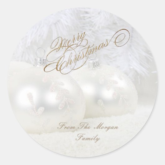 Elegante witte kerstballen ronde sticker (Voorkant)
