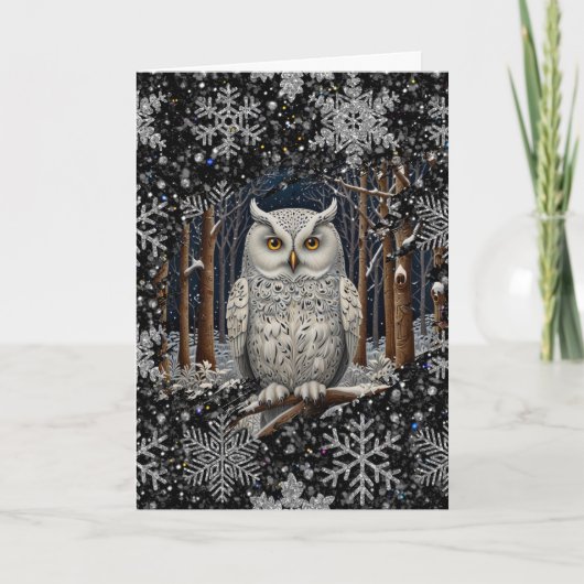 Elegante witte kerstuil bos winter bos kaart (Voorkant)