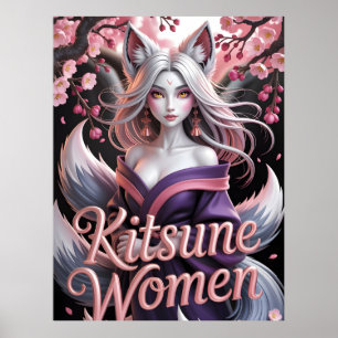 Elegante witte kitsune-vrouw met sakurabloesems poster