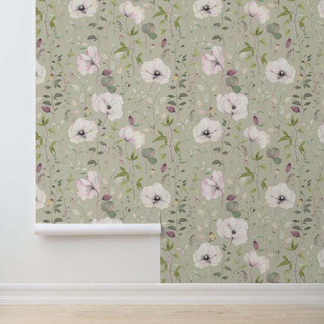 Elegante witte klaprozen bloemenpatroon mist groen behang (Applicatie)