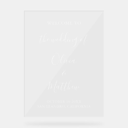 Elegante witte klassieke minimalistische bruiloft acryl bord (Voorkant)