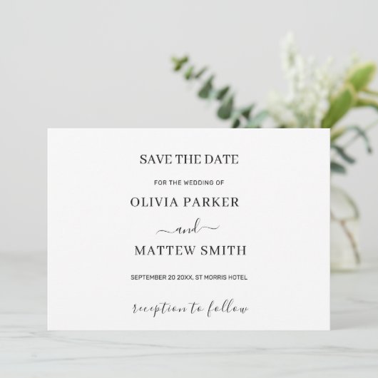 Elegante witte klassieke minimalistische bruiloft save the date (Staand voorkant)