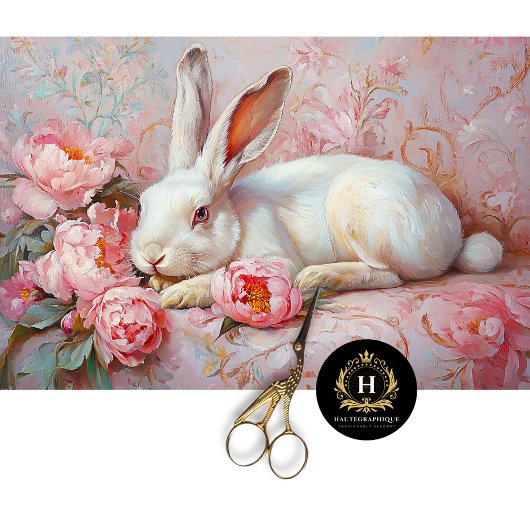 Elegante Witte Konijn & Roze Pioenrozen Decoupage Tissuepapier