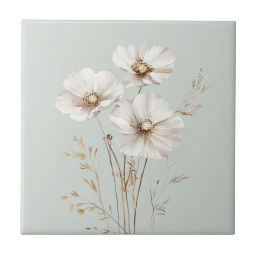 Elegante witte kosmos bloemen faux goud gras tegeltje (Voorkant)