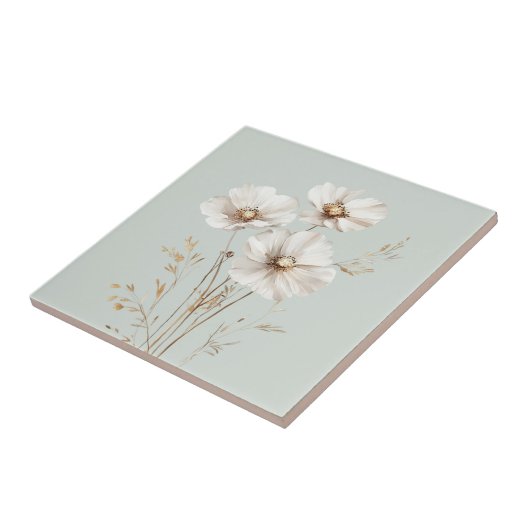 Elegante witte kosmos bloemen faux goud gras tegeltje (Zijkant)