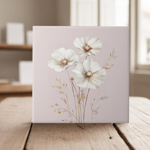 Elegante witte kosmos bloemen faux goud gras tegeltje