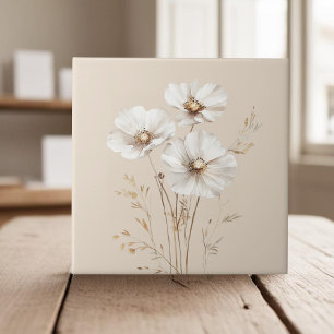 Elegante witte kosmos bloemen faux goud gras tegeltje