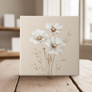 Elegante witte kosmos bloemen faux goud gras tegeltje