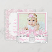 Elegante witte kruis roze foto doop kaart (Voorkant / Achterkant)