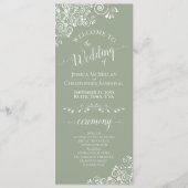 Elegante witte krullen op saliegroene fancy bruilo programmakaart (Voorkant)