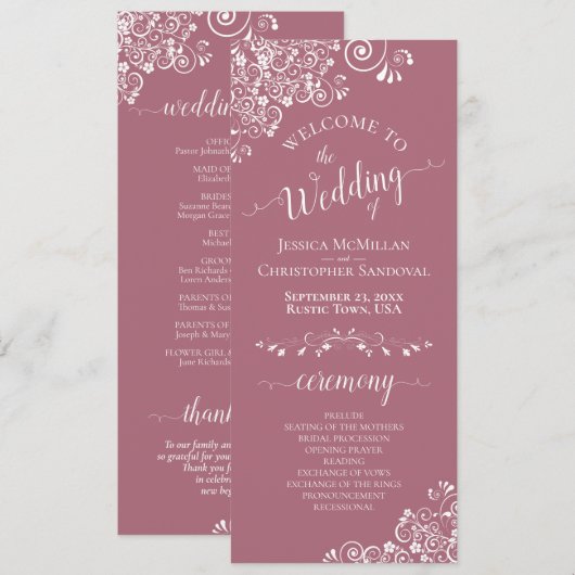 Elegante witte krullen op stoffige roze fancy brui programmakaart (Voorkant / Achterkant)