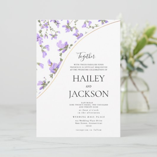 Elegante witte lavendel gouden bloemen bruiloft kaart (Staand voorkant)