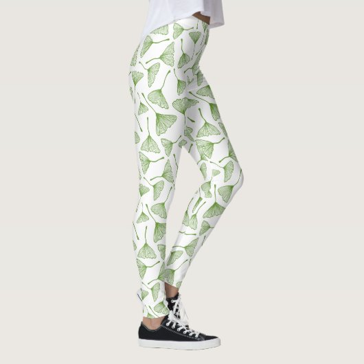 Elegante witte leggingen met groene ginkgo blad leggings (Rechts)