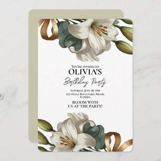 Elegante witte lelie bloem verjaardagsuitnodiging kaart (Voorkant / Achterkant)