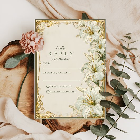 Elegante Witte Lelie Bruiloft RSVP Kaartje