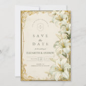 Elegante witte lelie bruiloft save the date (Voorkant)