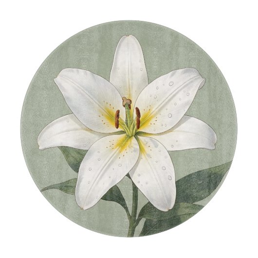 Elegante Witte Lelie Dauw Druppels Botanisch Snijplank (Voorkant)