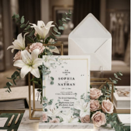 Elegante witte lelie & eucalyptus bloem bruiloft kaart