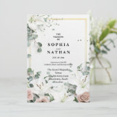 Elegante Witte Lelie & Eucalyptus Bloemen Huwelijk Kaart (Staand voorkant)