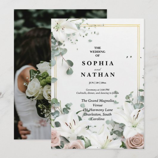 Elegante Witte Lelie & Eucalyptus Bloemen Huwelijk Kaart (Voorkant / Achterkant)