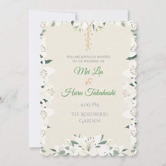 Elegante witte lelie & groen bruiloft uitnodiging (Voorkant)