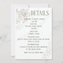 Elegante witte lelie huwelijksdetails kaart botani