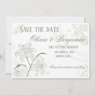 Elegante witte lelie Save the Date kaart | Bewerkb